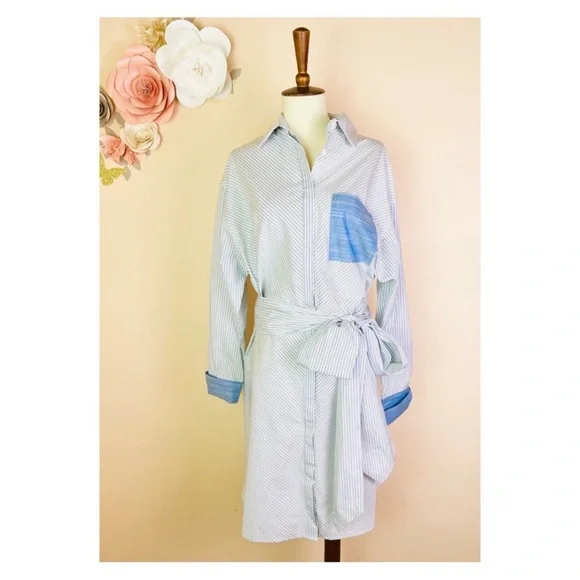 New! FRAME Striped Belted Wrap Shirt Dress - Picture 4 of 9